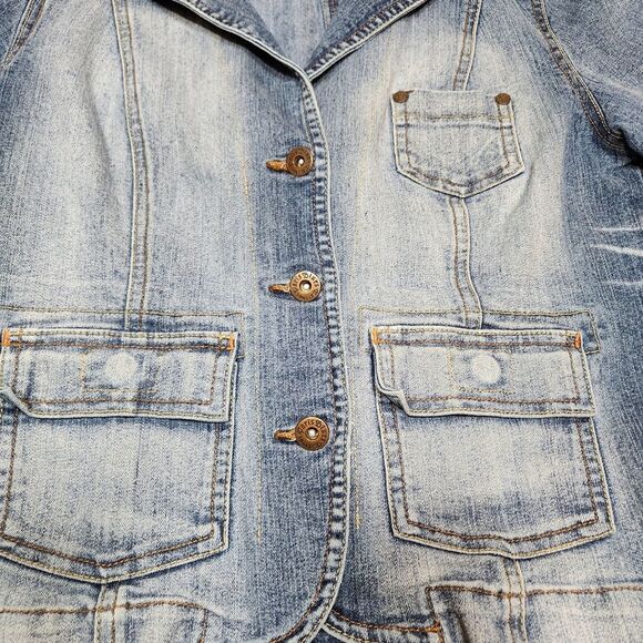 Vintage Y2k Paris Blues Jean Jacket 90s Denim Blazer Blue Faded Fitted Burnout S - Picture 4 of 11